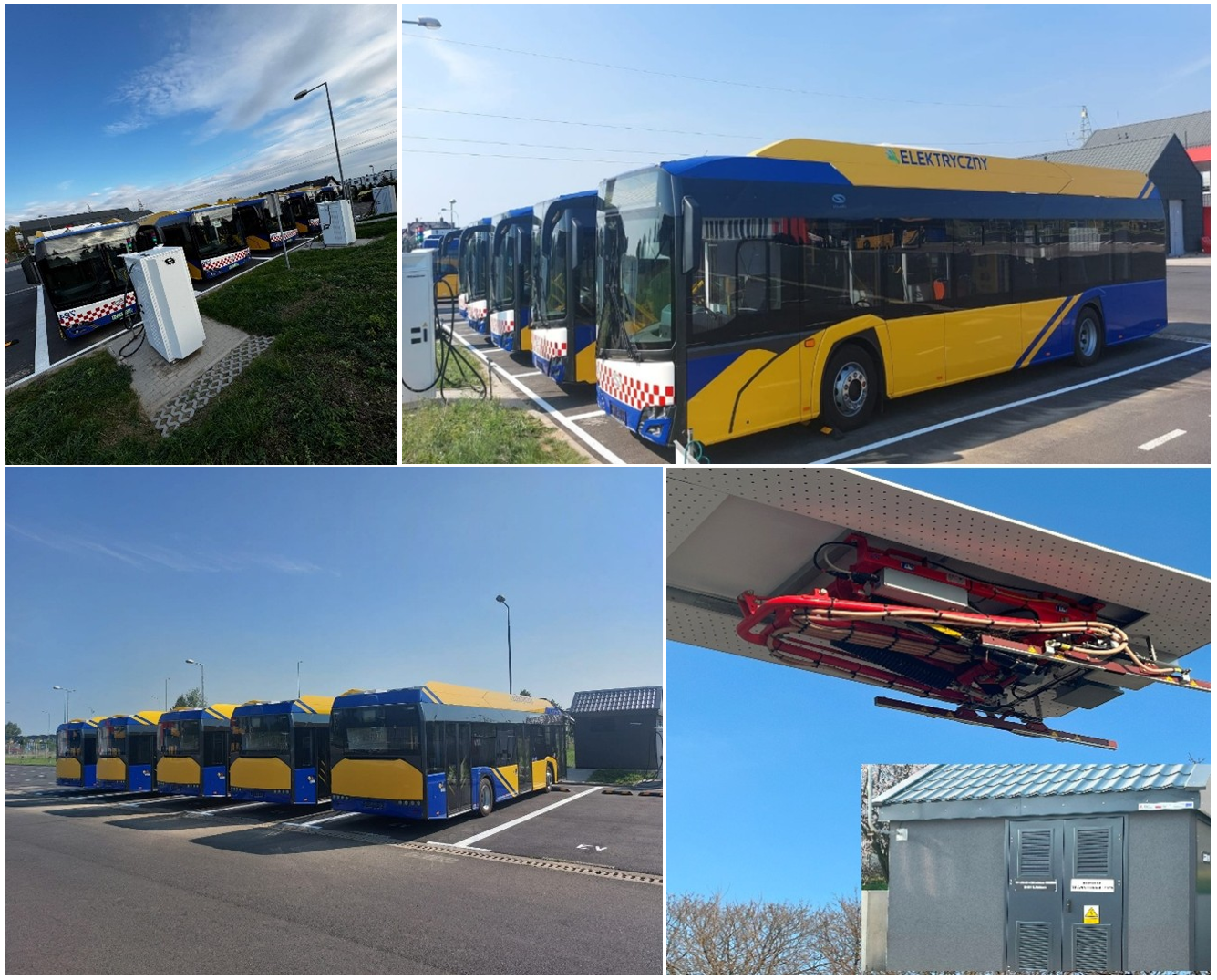 Zdjęcie przedstawia 5 autobusów elektrycznych i ładowarki  przy ul. Transportowej.  Pantograf odwrócony i  trafostację przy ul. Towarowej  