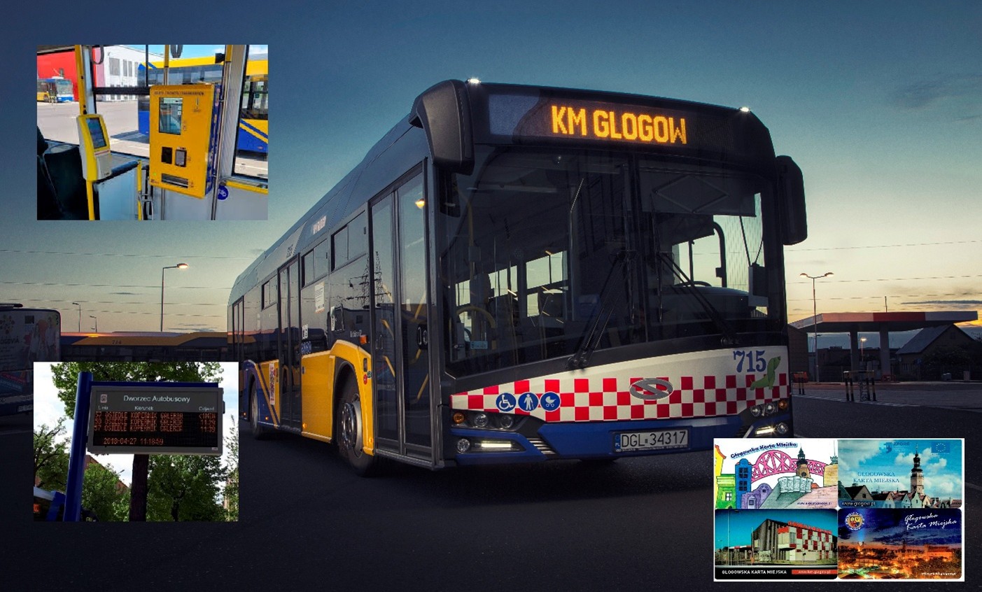 Solaris Urbino 12 z wyposażeniem.  Tablica informacji pasażerskiej.  Wzory Głogowskiej karty miejskiej (GKM)